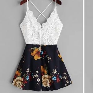 Lace Panel Criss Cross Floral Cami Romper
